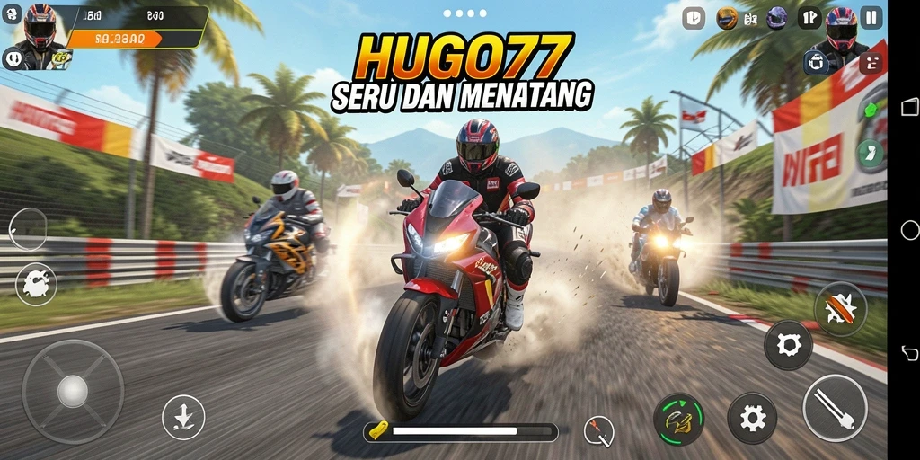 Tampilan gameplay seru HUGO77 dengan balapan motor mendebarkan.