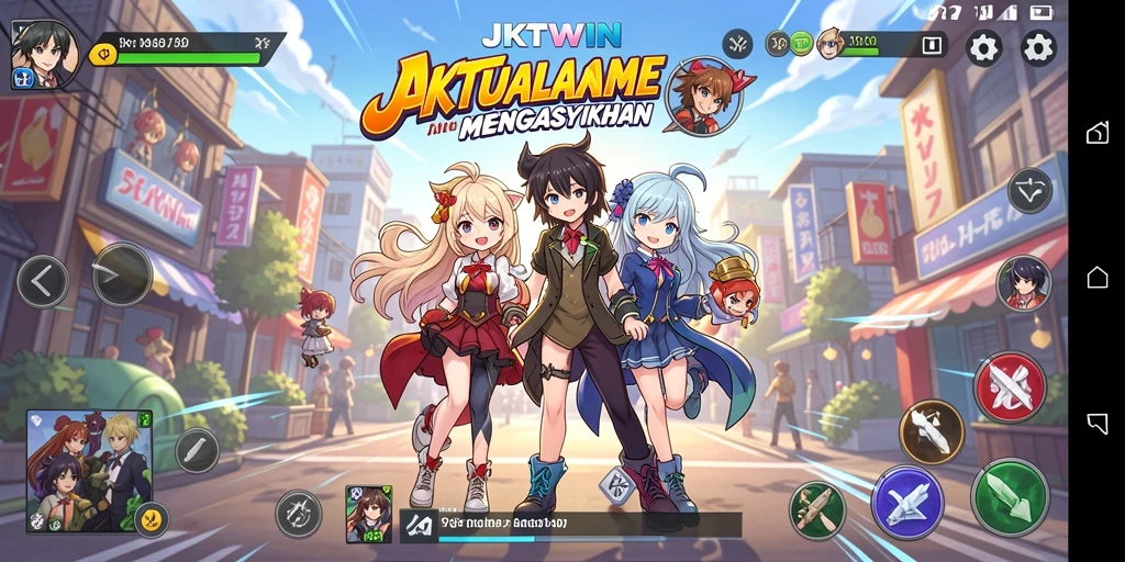 Tampilan gameplay menarik dalam JKTWIN dengan karakter anime.