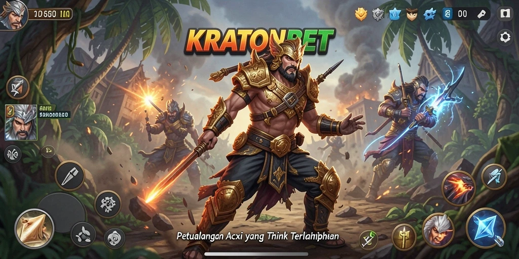 Screenshot utama KRATONBET menampilkan aksi pertempuran seru.