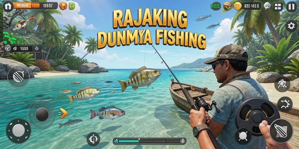 Gameplay seru dalam RAJAKING saat memancing di lautan.