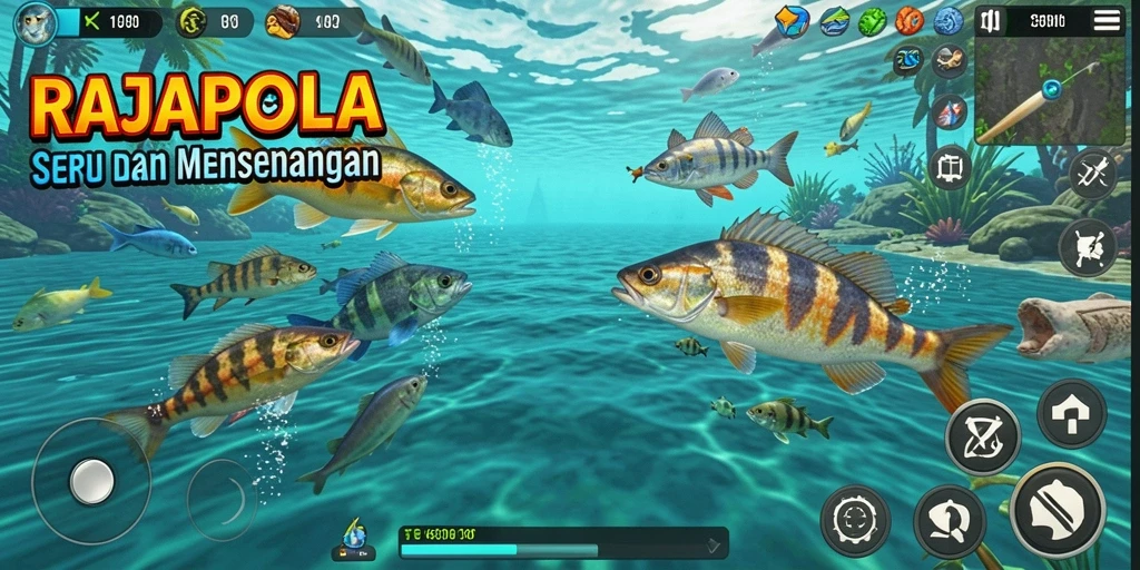 Tampilan gameplay seru dalam RAJAPOLA saat menangkap ikan.