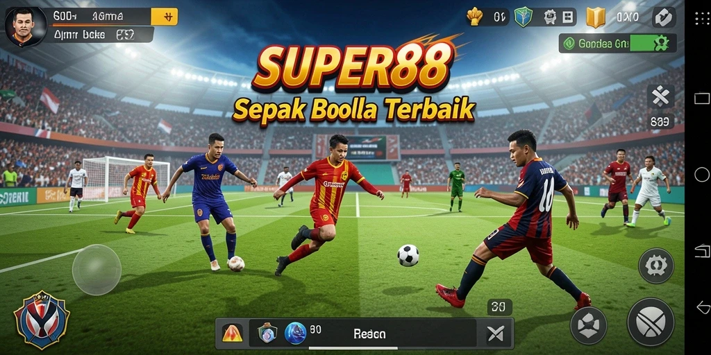 Tangkapan layar dari gameplay <strong>SUPER88</strong> yang menampilkan aksi menegangkan di lapangan sepak bola.
