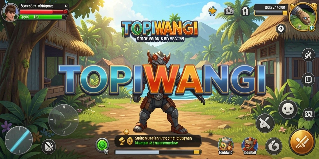 Screenshot menunjukkan gameplay <strong>TOPIWANGI</strong> dengan karakter berinteraksi di dunia simulasi.